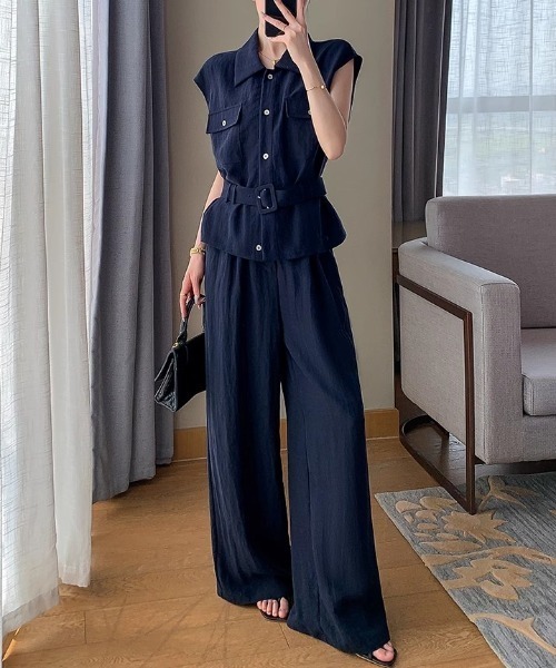 FAVORITO（ファヴォリート）の「シャツ型トップスワイドパンツセットアップ（セットアップ・レディース・ネイビー・S/L/M）」の13枚目の写真