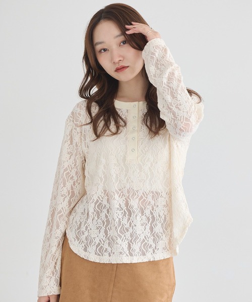 earth music&ecology（アースミュージックアンドエコロジー）の「レースヘンリープルオーバー（Tシャツ/カットソー・レディース・アイボリー/ブラック/ブラウン・FREE）」の4枚目の写真