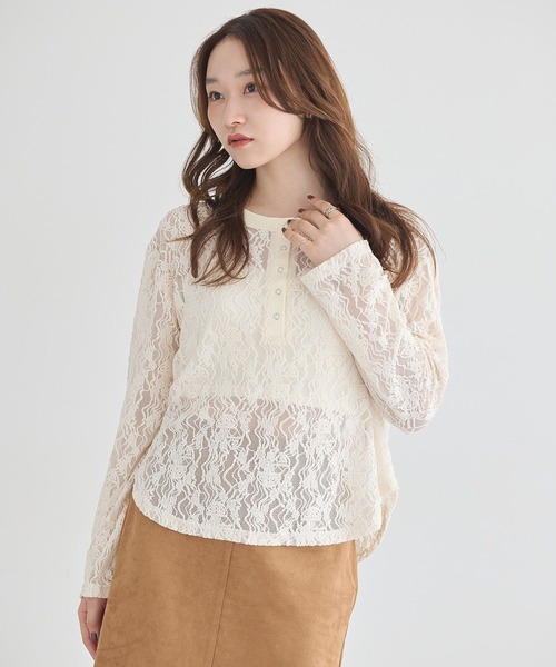 earth music&ecology（アースミュージックアンドエコロジー）の「レースヘンリープルオーバー（Tシャツ/カットソー・レディース・アイボリー/ブラック/ブラウン・FREE）」の6枚目の写真
