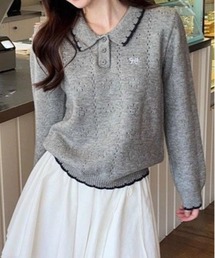 ワンポイントリボン透かし編みポロニット