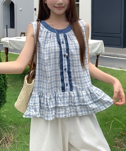 FAVORITO(ファヴォリート)の「ノースリーブチェック柄トップス(シャツ/ブラウス・レディース・ピンク/イエロー/ブルー・S/M/L)」の1枚目の写真