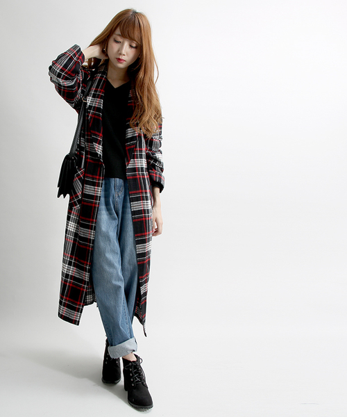 WEGO(ウィゴー)の「WEGO/チェックネルロングガウン(チェスターコート・レディース・ブラック系その他/レッド系その他/グリーン系その他/ブラウン系その他・FREE)」の2枚目の写真