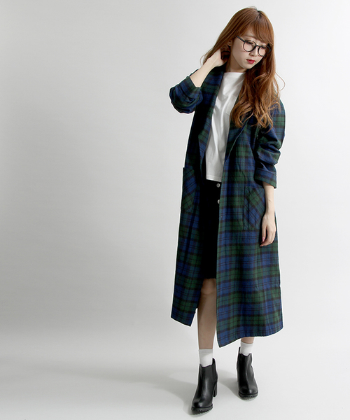 WEGO(ウィゴー)の「WEGO/チェックネルロングガウン(チェスターコート・レディース・ブラック系その他/レッド系その他/グリーン系その他/ブラウン系その他・FREE)」の4枚目の写真