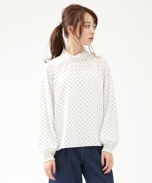 Honeys（ハニーズ）の「【水玉/ドット/無地】ハイネックブラウス（シャツ/ブラウス・レディース・アイボリー/ホワイト系その他/ブラック系その他/ブルー系その他・S/M/L）」の3枚目の写真