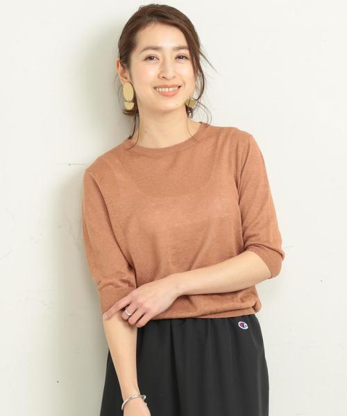 BEAUTY&YOUTH UNITED ARROWS(ビューティーアンドユースユナイテッドアローズ)の「BY∴ ウォッシュリネン6分袖ニット -手洗い可能- о(ニット/セーター・レディース・ベージュ/ネイビー/レッド/ライム・FREE)」の1枚目の写真