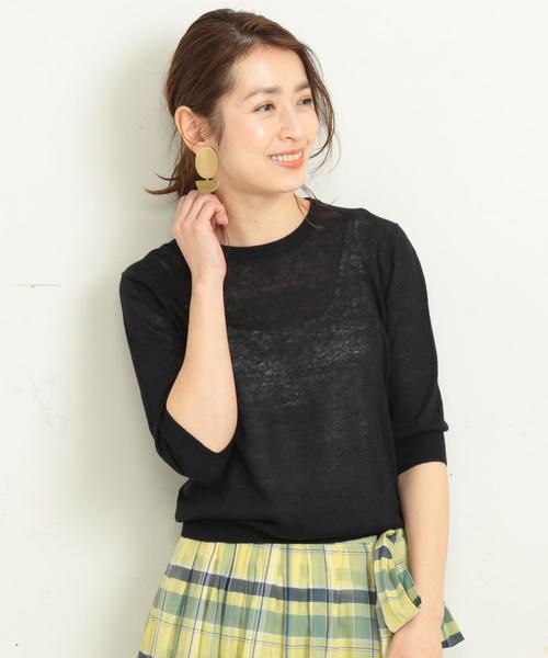 BEAUTY&YOUTH UNITED ARROWS(ビューティーアンドユースユナイテッドアローズ)の「BY∴ ウォッシュリネン6分袖ニット -手洗い可能- о(ニット/セーター・レディース・ベージュ/ネイビー/レッド/ライム・FREE)」の3枚目の写真