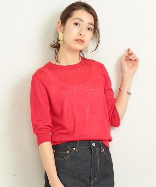 BEAUTY&YOUTH UNITED ARROWS(ビューティーアンドユースユナイテッドアローズ)の「BY∴ ウォッシュリネン6分袖ニット -手洗い可能- о(ニット/セーター・レディース・ベージュ/ネイビー/レッド/ライム・FREE)」の4枚目の写真