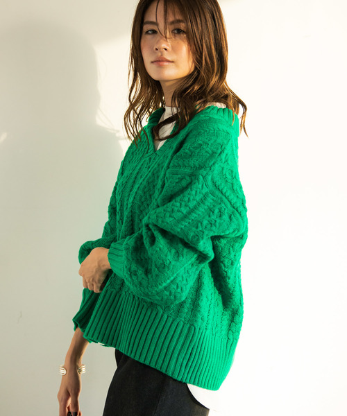 Aunt Marie's（アントマリーズ）の「AUNT MARIE'S キーネックケーブルニット（ニット/セーター・レディース・ライトブルー/ベージュ/ブラウン/グリーン/ナチュラル・FREE）」の4枚目の写真