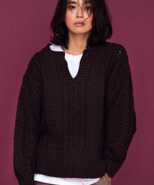 Aunt Marie's（アントマリーズ）の「AUNT MARIE'S キーネックケーブルニット（ニット/セーター・レディース・ライトブルー/ベージュ/ブラウン/グリーン/ナチュラル・FREE）」の12枚目の写真