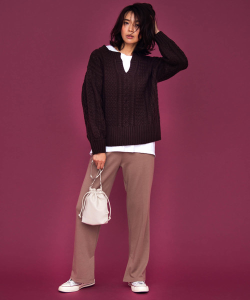 Aunt Marie's（アントマリーズ）の「AUNT MARIE'S キーネックケーブルニット（ニット/セーター・レディース・ライトブルー/ベージュ/ブラウン/グリーン/ナチュラル・FREE）」の14枚目の写真