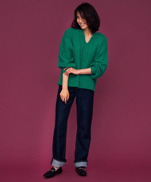 Aunt Marie's（アントマリーズ）の「AUNT MARIE'S キーネックケーブルニット（ニット/セーター・レディース・ライトブルー/ベージュ/ブラウン/グリーン/ナチュラル・FREE）」の7枚目の写真