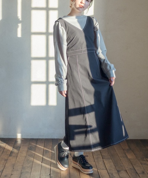 OLIVE des OLIVE(オリーブデオリーブ)の「後ろリボン配色ステッチジャンスカ(ジャンパースカート・レディース・ライトグレー/ブラック/アイボリー/ベージュ系その他・FREE)」の19枚目の写真