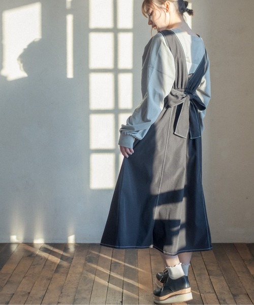 OLIVE des OLIVE(オリーブデオリーブ)の「後ろリボン配色ステッチジャンスカ(ジャンパースカート・レディース・ライトグレー/ブラック/アイボリー/ベージュ系その他・FREE)」の9枚目の写真