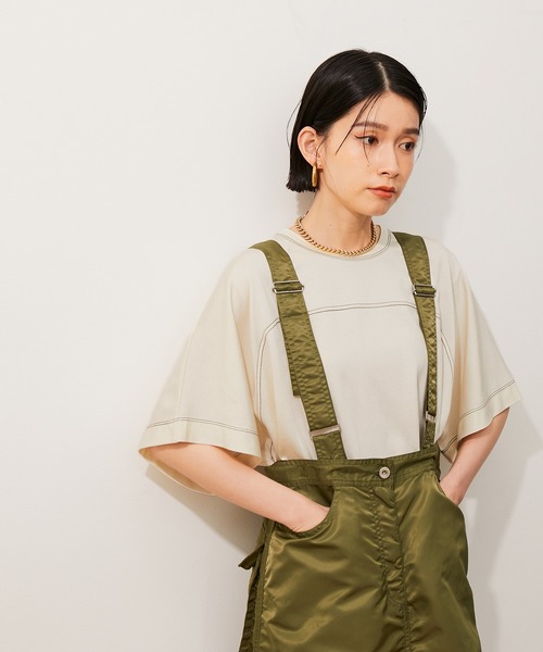 ADAM ET ROPE'(アダムエロペ)の「ドロストTシャツ(Tシャツ/カットソー・レディース・ピンク/ブラック/キナリ・FREE)」の1枚目の写真
