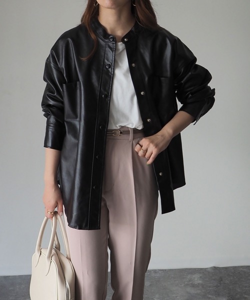 Riberry(リベリー)の「スタンドカラーシャツジャケット(ライダースジャケット・レディース・ブラック/オリーブ/アイボリー・MEDIUM)」の16枚目の写真