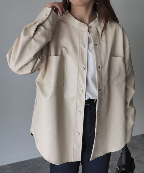 Riberry(リベリー)の「スタンドカラーシャツジャケット(ライダースジャケット・レディース・ブラック/オリーブ/アイボリー・MEDIUM)」の17枚目の写真