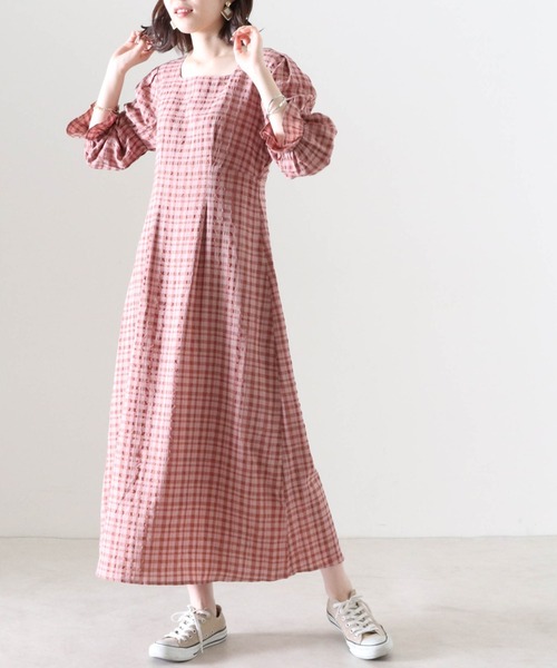 Cheek(チーク)の「キャンディースリーブチェックワンピース(ワンピース・レディース・ピンク/ブルー/グレイッシュベージュ・FREE)」の3枚目の写真