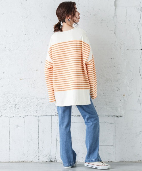 SUGAR BISKET（シュガービスケット）の「バスクボーダービッグロングＴシャツ（Tシャツ/カットソー・レディース・ブラック/ピンク/オレンジ/ブルー・フリー）」の6枚目の写真