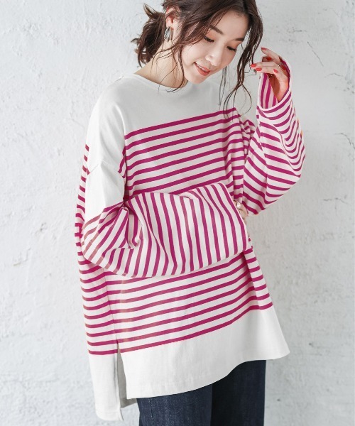 SUGAR BISKET（シュガービスケット）の「バスクボーダービッグロングＴシャツ（Tシャツ/カットソー・レディース・ブラック/ピンク/オレンジ/ブルー・フリー）」の12枚目の写真