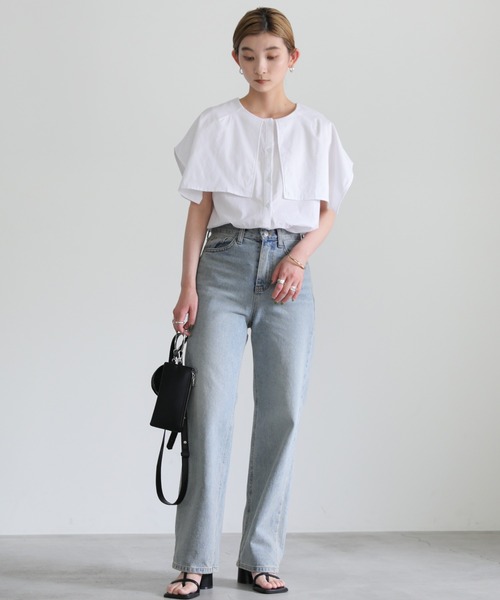 select MOCA（セレクトモカ）の「ビッグカラーノースリーブブラウス（シャツ/ブラウス・レディース・ブラック/オフホワイト・FREE）」の3枚目の写真