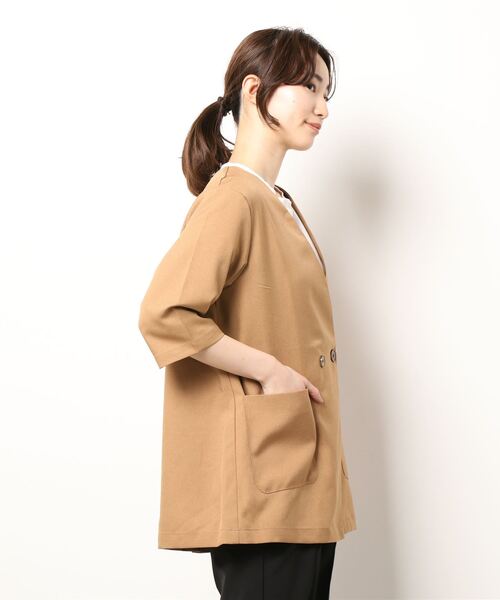 STYLEBLOCK(スタイルブロック)の「リネンタッチノーカラーハーフスリーブジャケット(ノーカラージャケット・レディース・ブラック/ベージュ/モカ・M)」の4枚目の写真