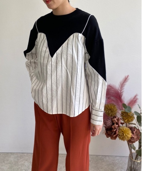 ストライプドッキングニットトップス