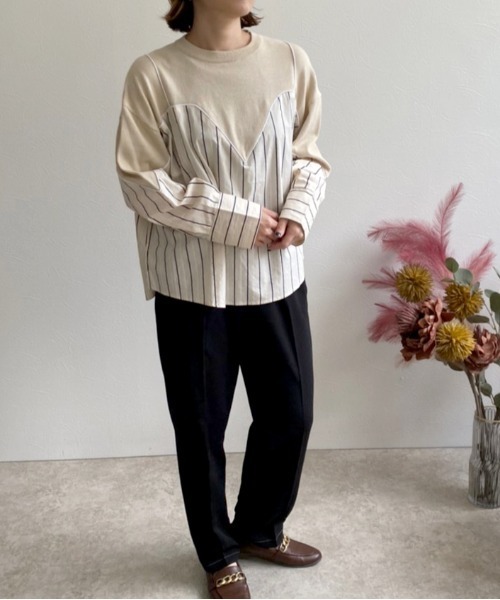 ストライプドッキングニットトップス