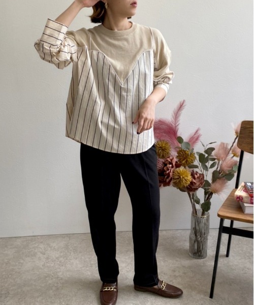ストライプドッキングニットトップス