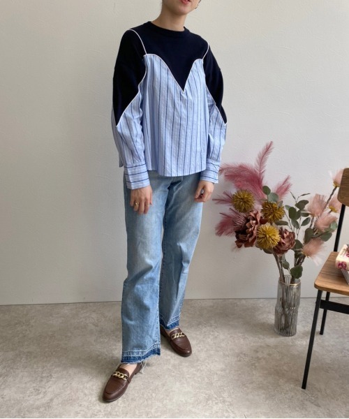 ストライプドッキングニットトップス