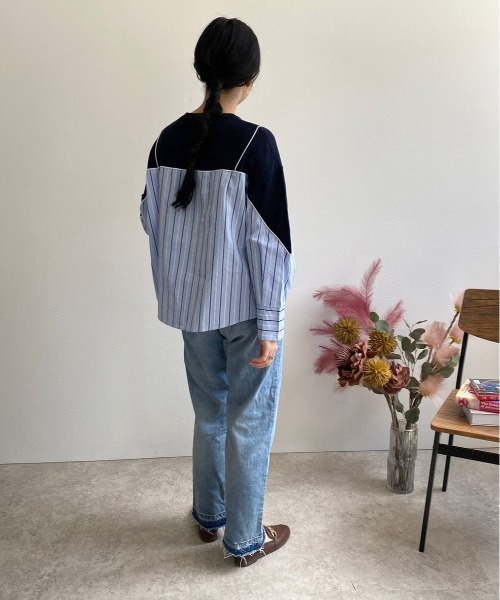 ストライプドッキングニットトップス