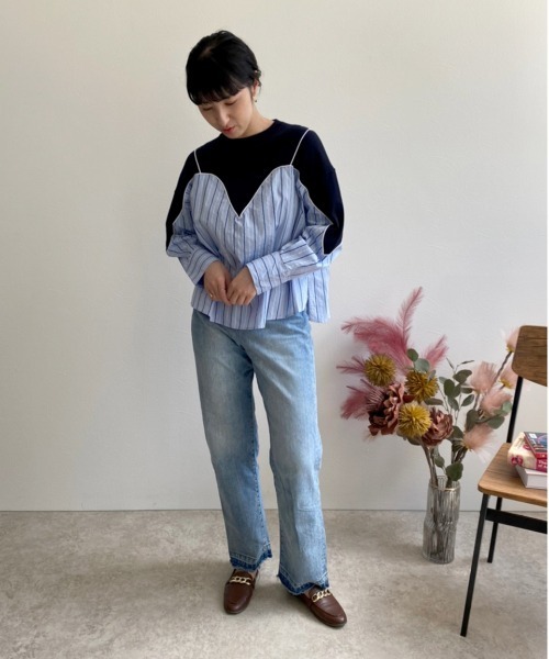 ストライプドッキングニットトップス