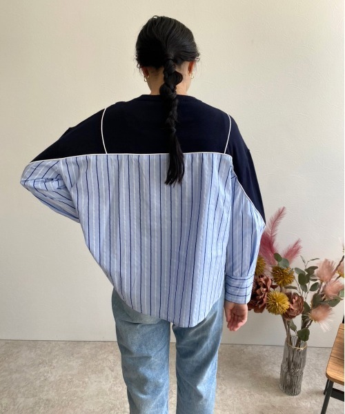 ストライプドッキングニットトップス