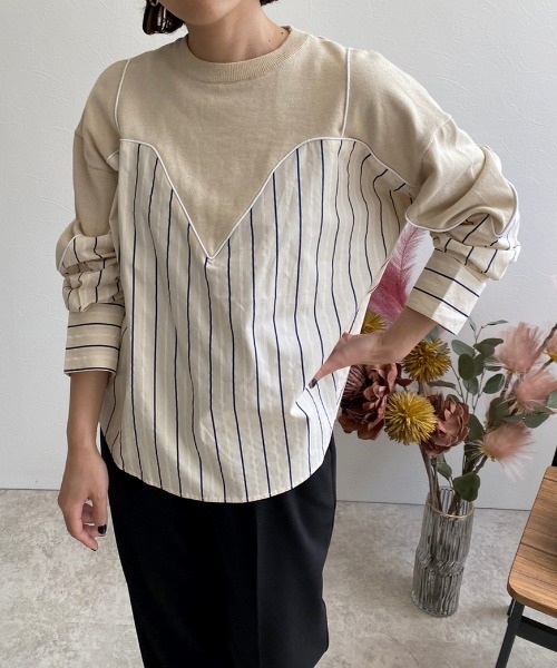 ストライプドッキングニットトップス