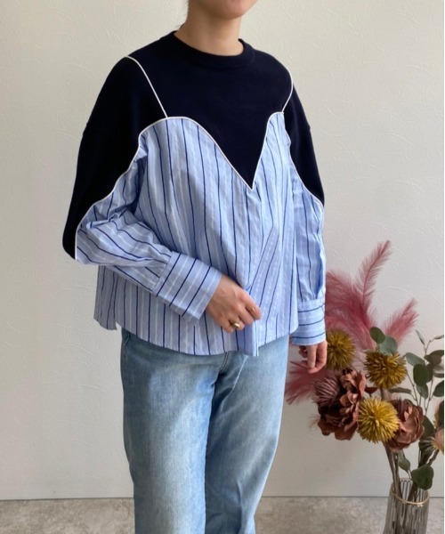 ストライプドッキングニットトップス