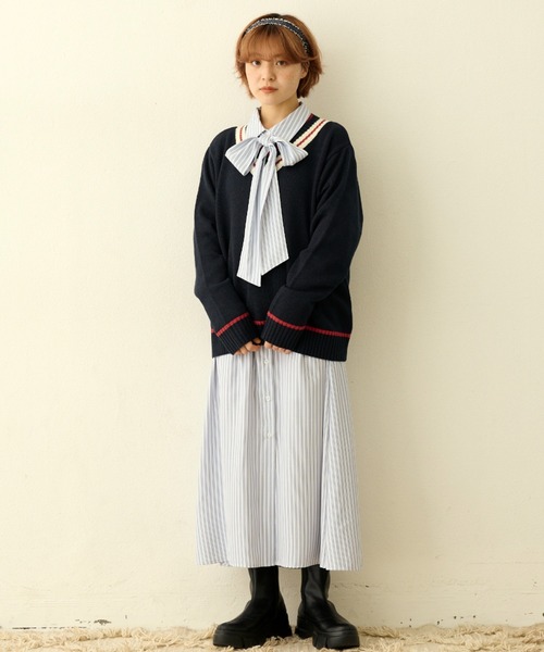 MERLOT（メルロー）の「リボン付きストライプシャツワンピース（シャツワンピース・レディース・ベージュ/ネイビー・FREE）」の15枚目の写真