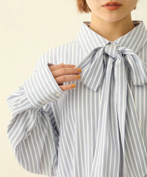 MERLOT（メルロー）の「リボン付きストライプシャツワンピース（シャツワンピース・レディース・ベージュ/ネイビー・FREE）」の6枚目の写真