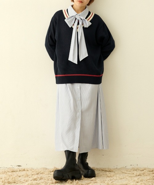 MERLOT（メルロー）の「リボン付きストライプシャツワンピース（シャツワンピース・レディース・ベージュ/ネイビー・FREE）」の18枚目の写真