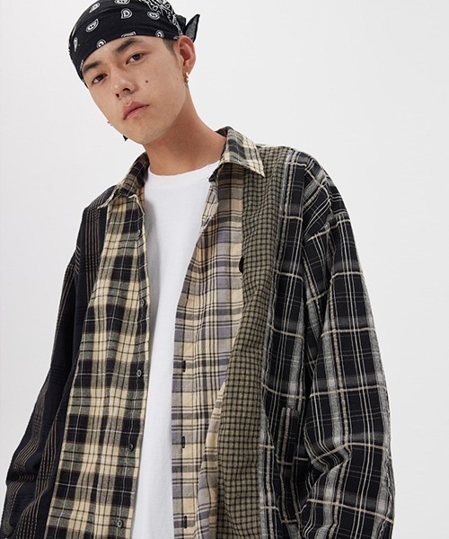Ressaca(レサーカ)の「オーバーサイズ リメイク 長袖 チェックシャツ(シャツ/ブラウス・メンズ・ブラック・L/XL/M/XXL)」の1枚目の写真