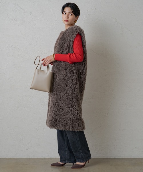【ラウンジドレス】美品 エコファーベスト ジレ ベージュ ミドル丈 55％OFF】【会員割引適用無し】ファーベスト ラビットベスト