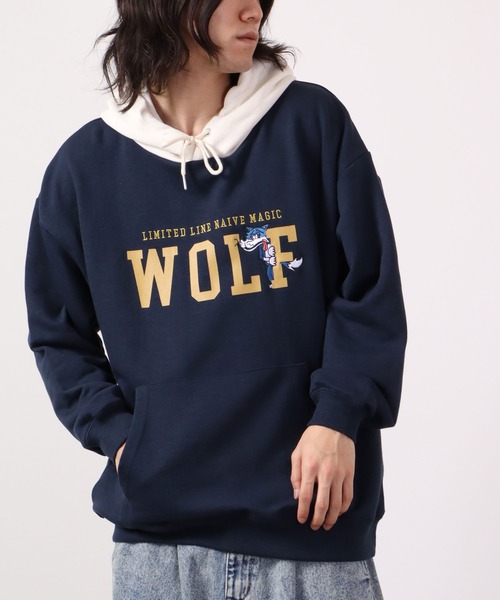 Limited Line Naive Magic(リミテッドラインナイーブマジック)の「PETTYWOLF 裏毛 フロントプリント&刺繍 ワイドフーディー(パーカー・メンズ・オレンジ/アッシュグレー/グリーン/ホワイト/ネイビー・M/L)」の4枚目の写真