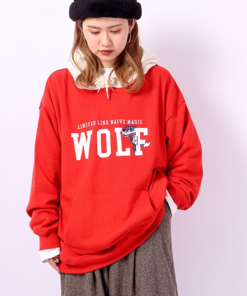 Limited Line Naive Magic(リミテッドラインナイーブマジック)の「PETTYWOLF 裏毛 フロントプリント&刺繍 ワイドフーディー(パーカー・メンズ・オレンジ/アッシュグレー/グリーン/ホワイト/ネイビー・M/L)」の5枚目の写真