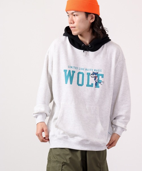Limited Line Naive Magic(リミテッドラインナイーブマジック)の「PETTYWOLF 裏毛 フロントプリント&刺繍 ワイドフーディー(パーカー・メンズ・オレンジ/アッシュグレー/グリーン/ホワイト/ネイビー・M/L)」の11枚目の写真