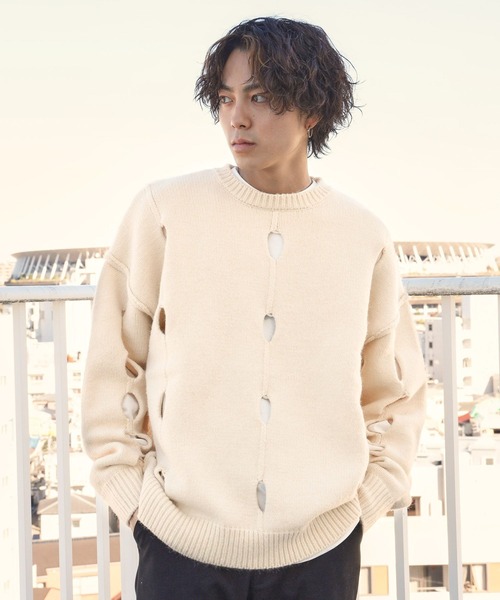 PBLIM（ページボーイリム）の「PAGEBOYLIM/カットアウトルーズニット（ニット/セーター・レディース・グリーン/オフホワイト/ブラック・FREE）」の4枚目の写真