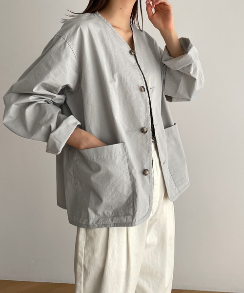 CANAL JEAN（キャナルジーン）の「RED CHOP WORKS(レッドチョップワークス) ノーカラーシャツジャケット（ノーカラージャケット・レディース・サックスブルー/ベージュ・38）」の12枚目の写真