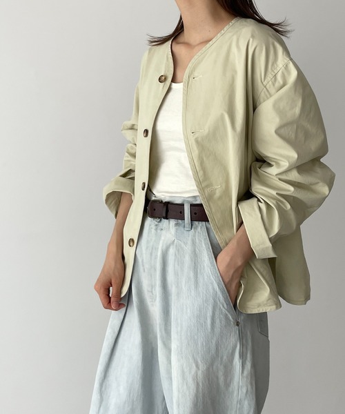 CANAL JEAN（キャナルジーン）の「RED CHOP WORKS(レッドチョップワークス) ノーカラーシャツジャケット（ノーカラージャケット・レディース・サックスブルー/ベージュ・38）」の6枚目の写真