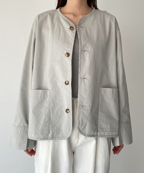 CANAL JEAN（キャナルジーン）の「RED CHOP WORKS(レッドチョップワークス) ノーカラーシャツジャケット（ノーカラージャケット・レディース・サックスブルー/ベージュ・38）」の8枚目の写真