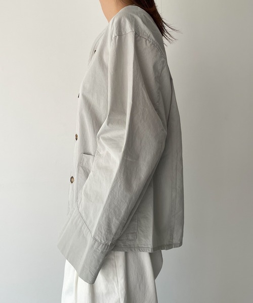 CANAL JEAN（キャナルジーン）の「RED CHOP WORKS(レッドチョップワークス) ノーカラーシャツジャケット（ノーカラージャケット・レディース・サックスブルー/ベージュ・38）」の13枚目の写真