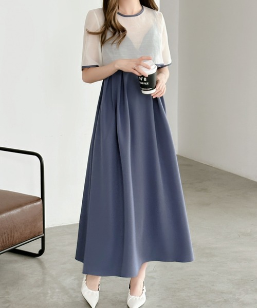 ECLIN（エクラン）の「【２点セット】シアーブラウス＆バックリボンキャミソールワンピース（ワンピース・レディース・ブルー/ブラック/カーキ/ダークブラウン・M/L）」の4枚目の写真