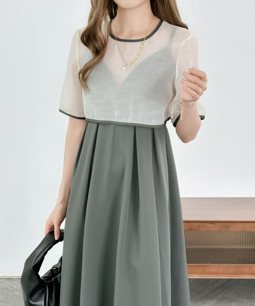 ECLIN（エクラン）の「【２点セット】シアーブラウス＆バックリボンキャミソールワンピース（ワンピース・レディース・ブルー/ブラック/カーキ/ダークブラウン・M/L）」の22枚目の写真