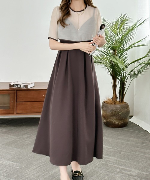 ECLIN（エクラン）の「【２点セット】シアーブラウス＆バックリボンキャミソールワンピース（ワンピース・レディース・ブルー/ブラック/カーキ/ダークブラウン・M/L）」の11枚目の写真